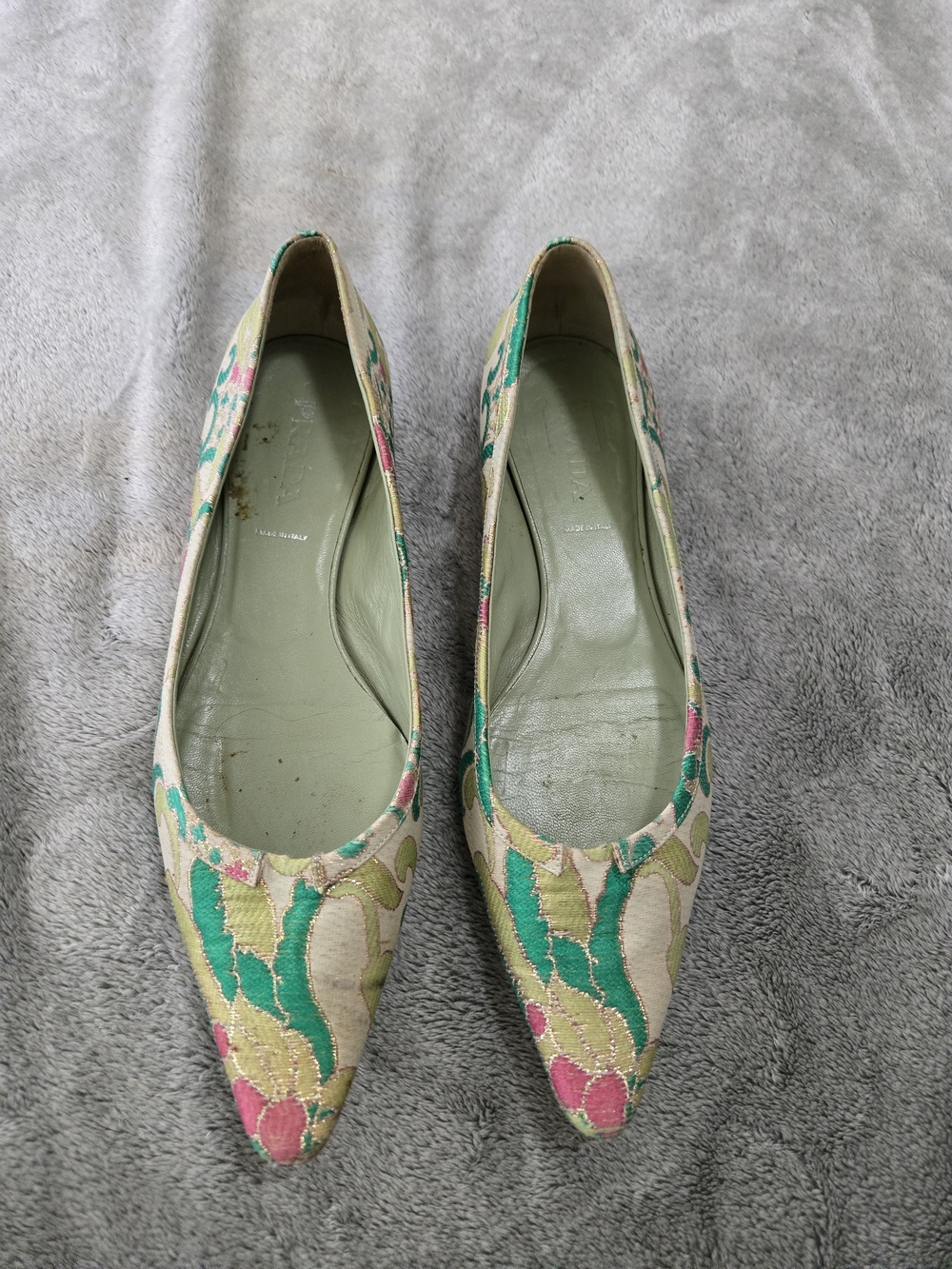 Prada Vintage Floral Pointed-Toe Flats in Cream, Green and Pink